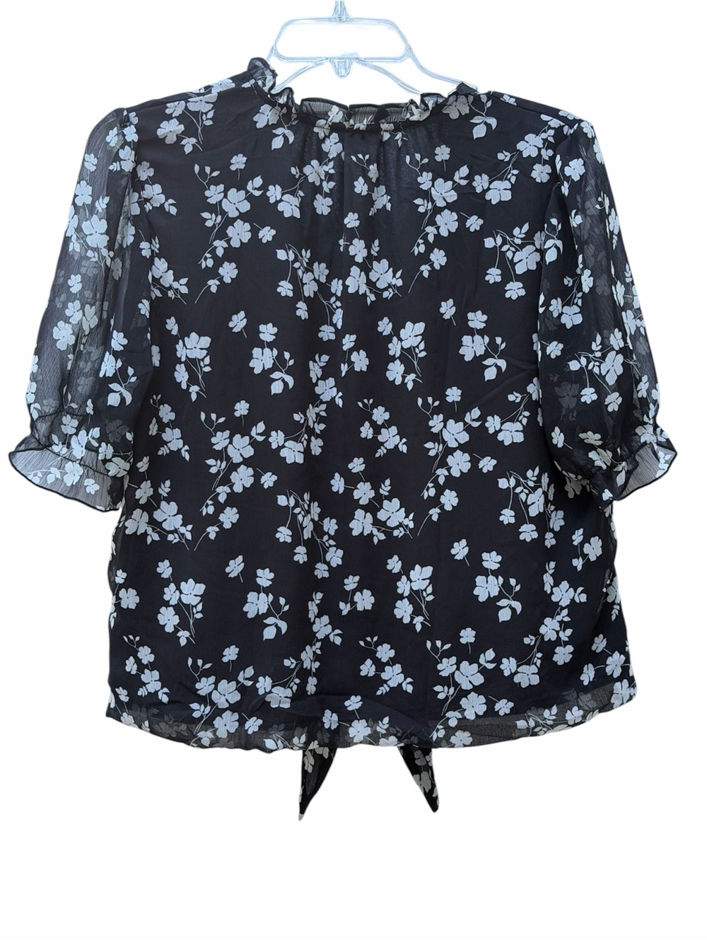 HaverBlack Floral Tie-Front Blouse- Top Button down - V-neck -short sheer sleeve - Picture 3 of 15
